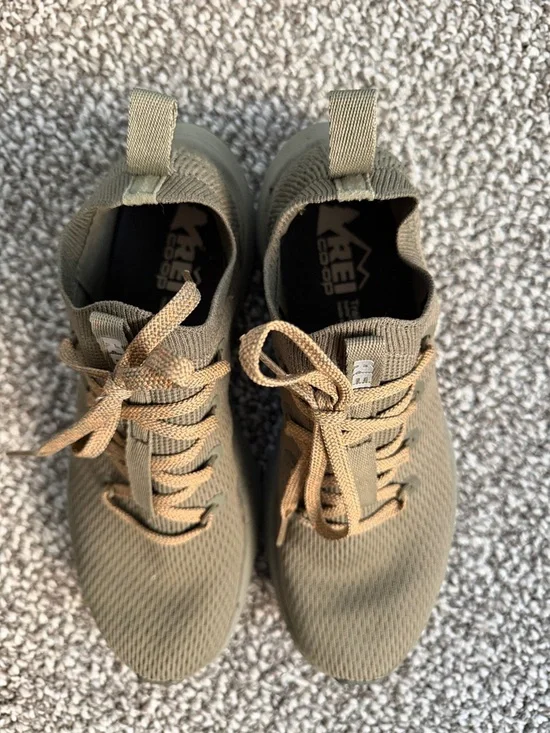 REI Olive Green Knit Athletic Sneakers with Tan Laces - Picture 3 of 3
